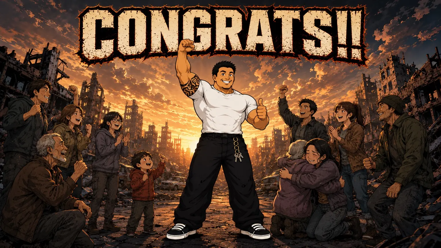 CONGRATS!! 救った人々に囲まれて勝利を喜ぶ主人公