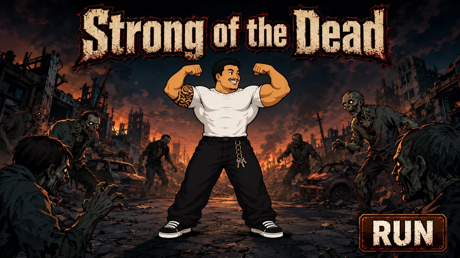Strong of the Dead。ゾンビに囲まれて力こぶを見せる主人公